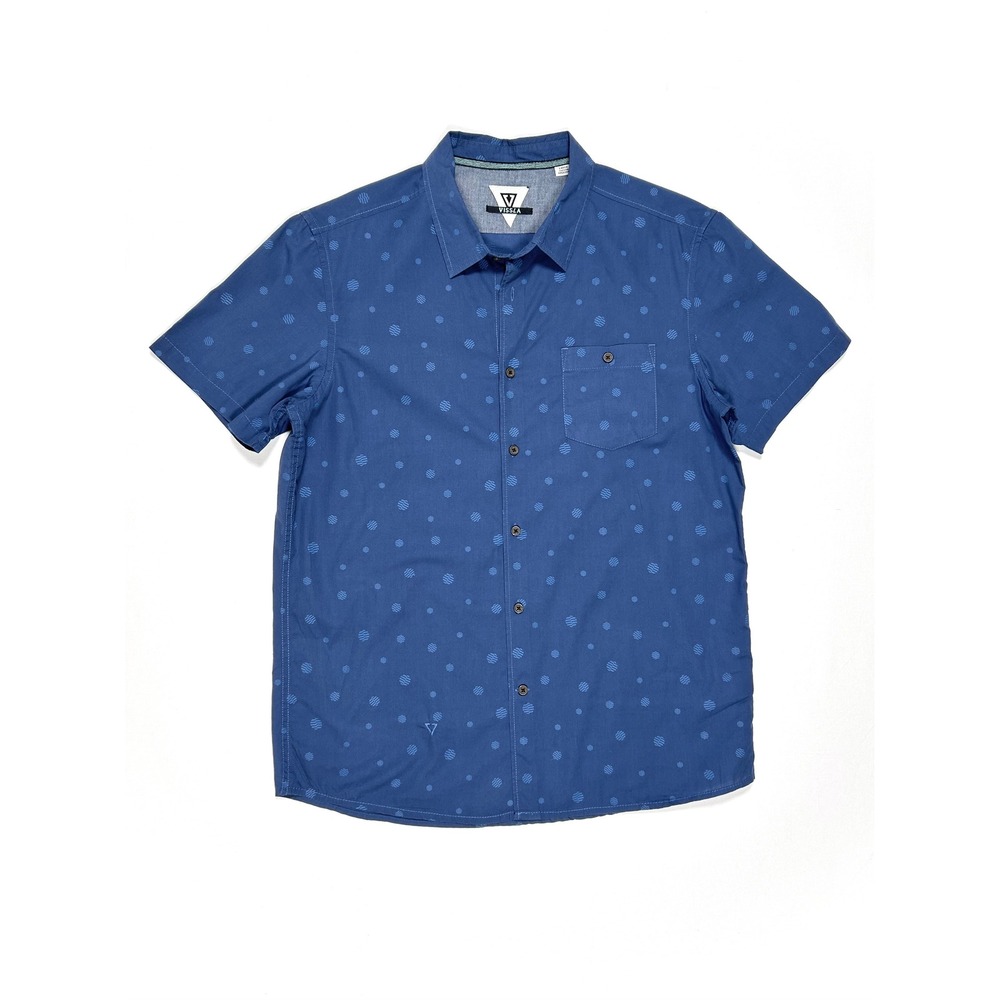 Vissla Shirt Men's Large Short Sleeve Dot Print Button-Up Organic Cotton Blue‎